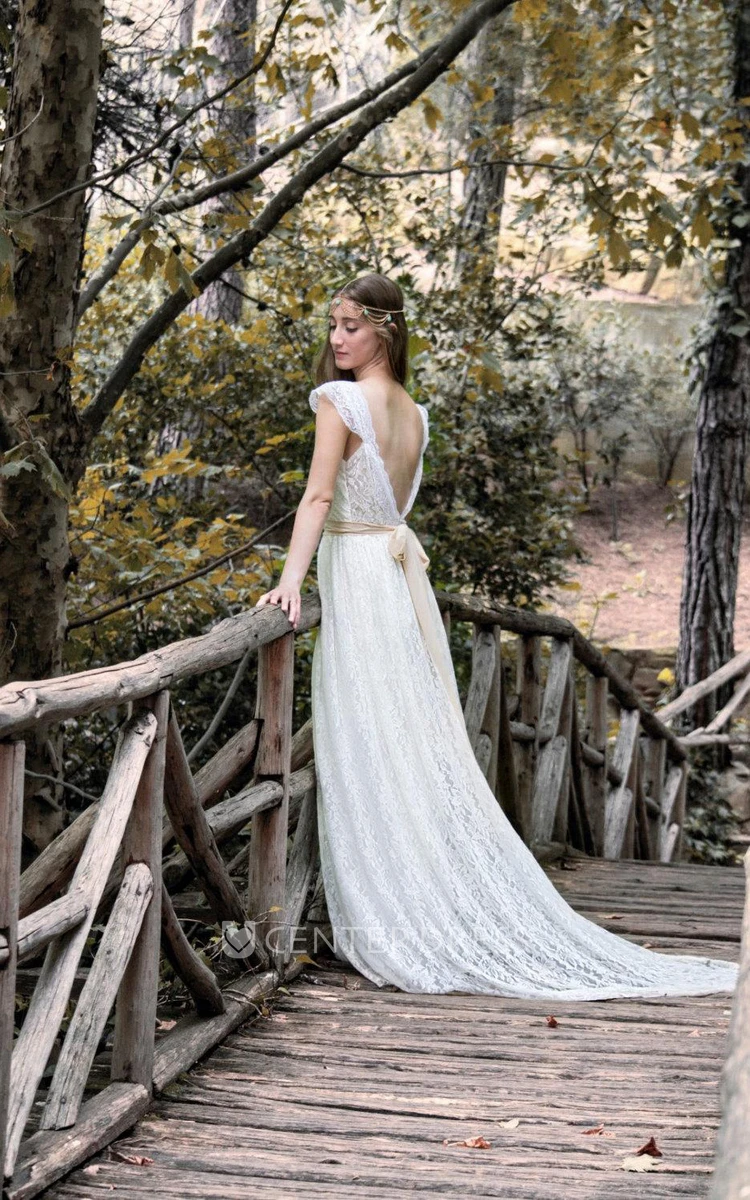 Bohemian Romantic Long Lace Wedding Dress With Cap Sleeves and Beading