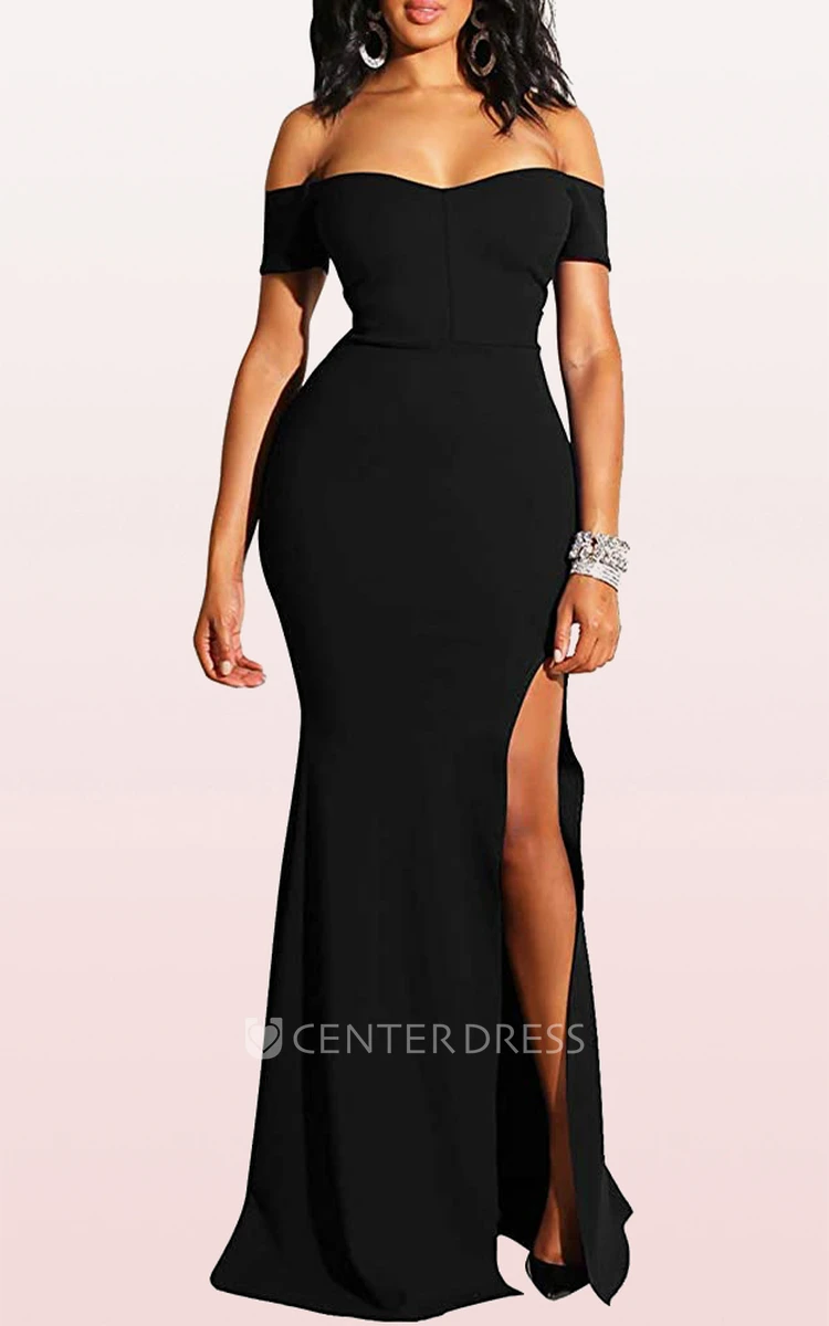 Romantic Mermaid Off-the-shoulder Sleeveless Jersey Evening Formal Dress With Split Front