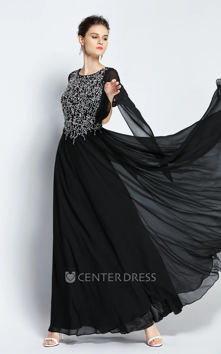 Floor-length Long Sleeve A-Line Jewel Chiffon Prom Dress with Beading and Pleats