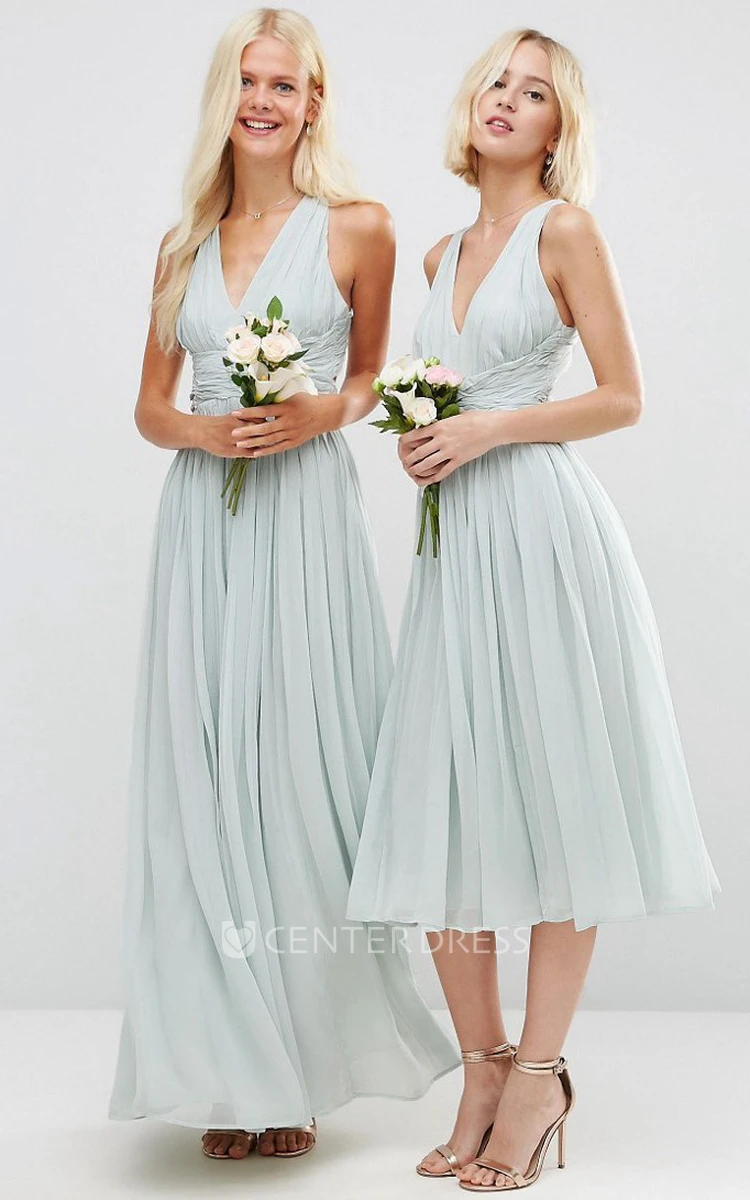 A-Line Ankle-Length Sleeveless Ruched V-Neck Chiffon Bridesmaid Dress