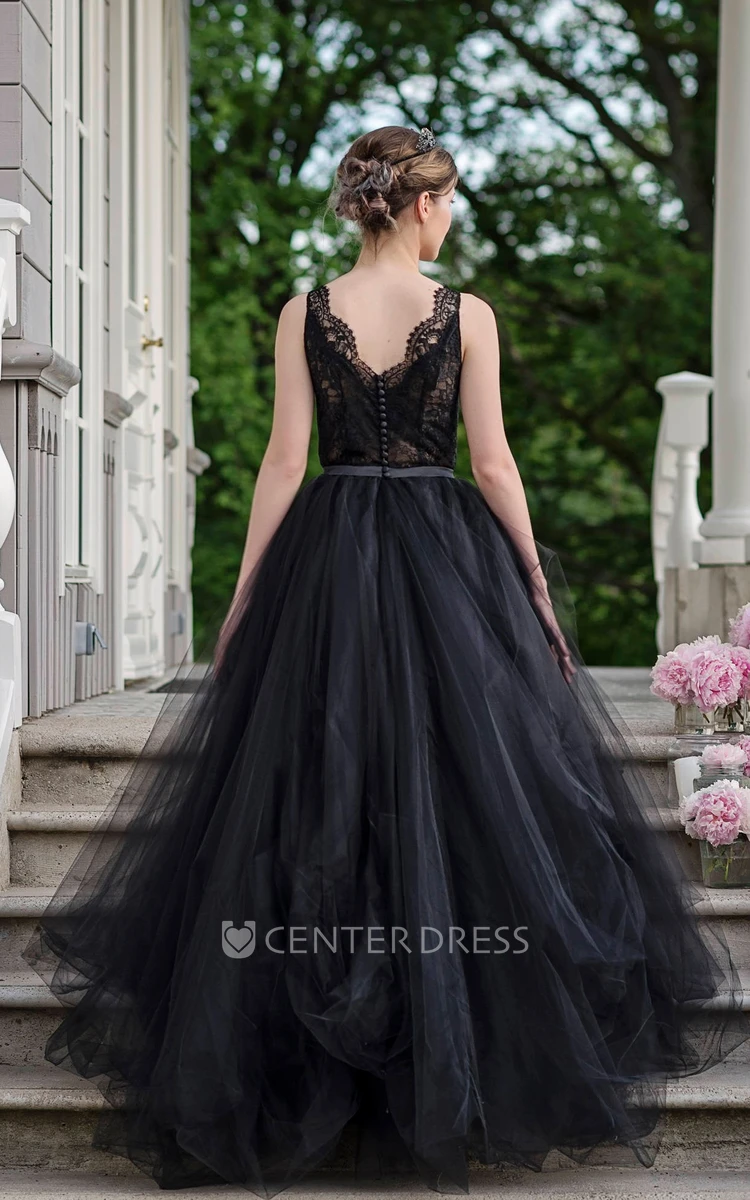A-Line Sleeveless Floor-length Straps Low-V Back Lace Ruffles Sash/Ribbon Black Wedding Dress