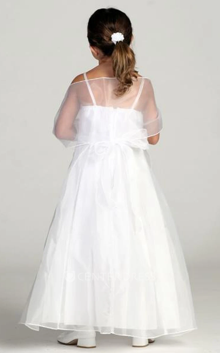 Spaghetti Ankle-Length Cap-Sleeve Beaded Organza Flower Girl Dress With Straps