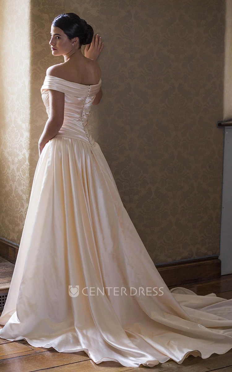 Off-The-Shoulder Long Satin Wedding Dress With Criss Cross And Court Train