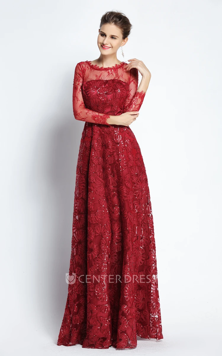 Floor-length Long Sleeve A-Line Bateau Scalloped Lace Prom Dress with Sequins