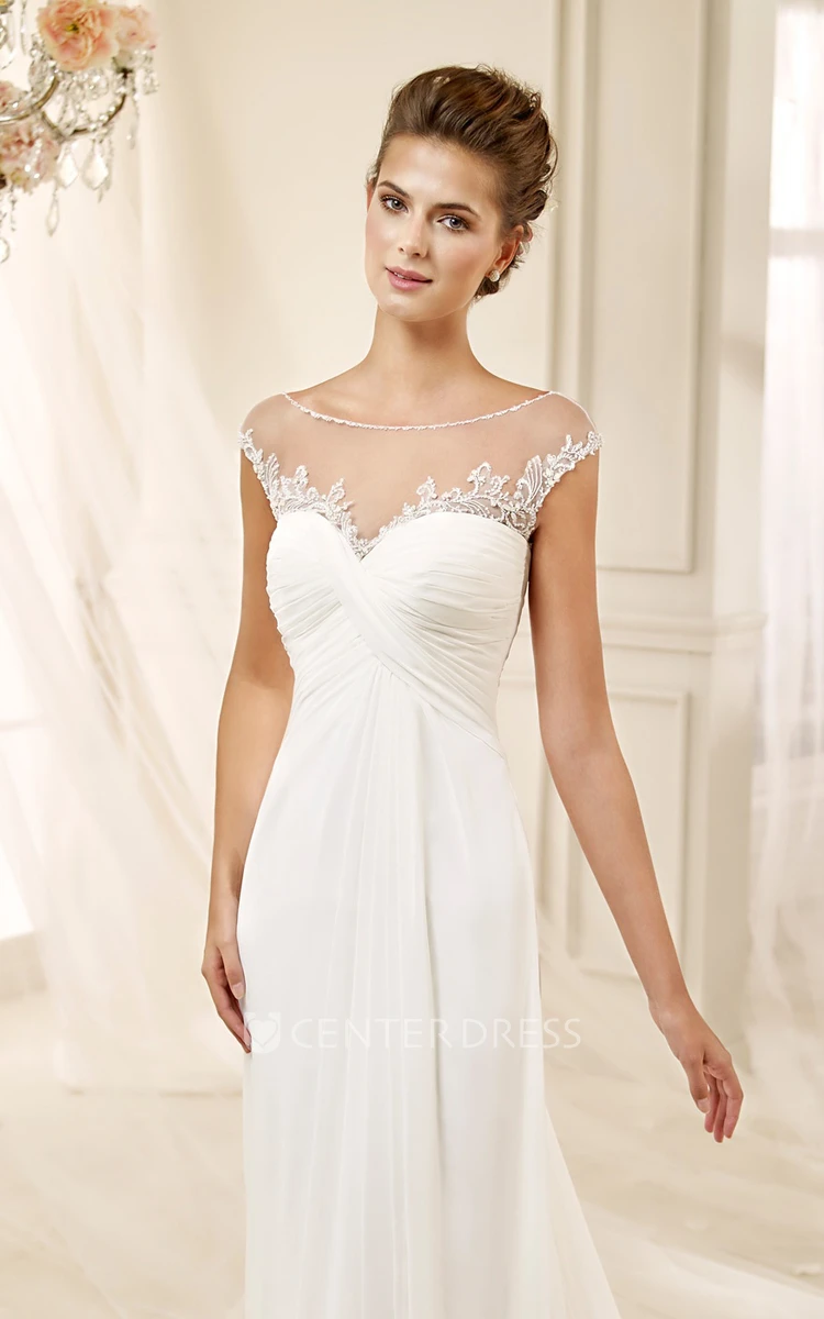 Jewel-Neck Draping Chiffon Wedding Dress With Illusive Neckline And Pleated Bust