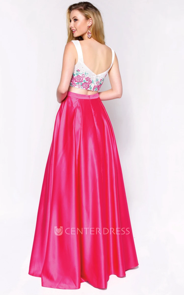 A-Line Sleeveless Satin Low-V Back Dress With Appliques And Flower