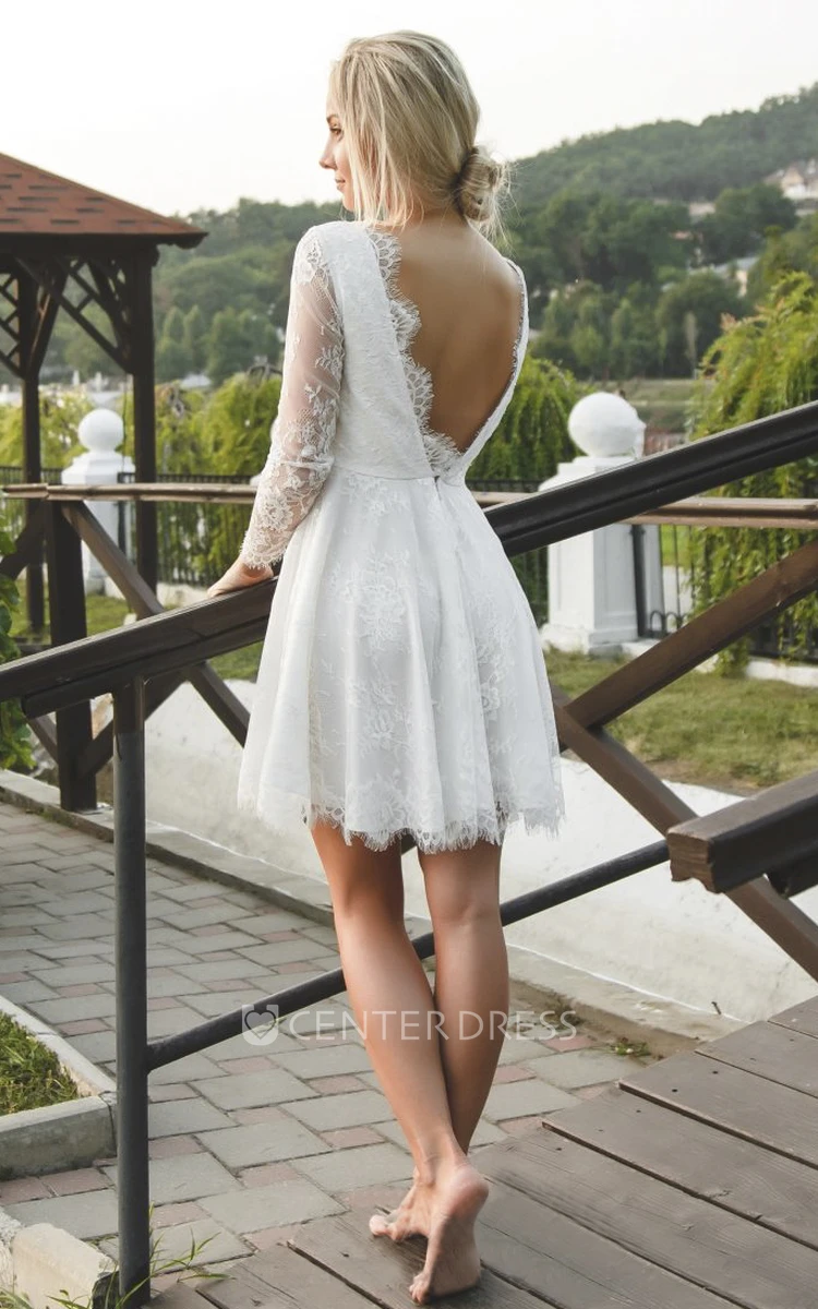 Short Sexy Lace Wedding Dress With Deep V-neck And Long Sleeve