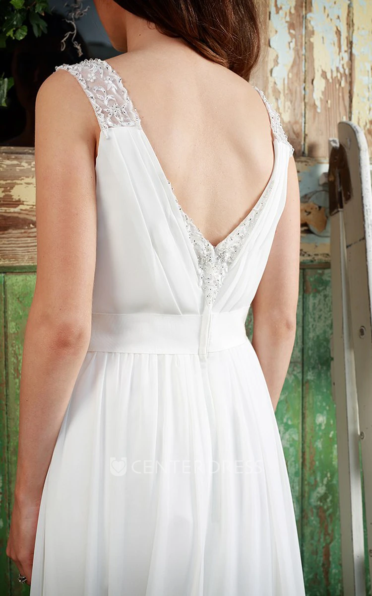 Sleeveless Ruched V-Neck Chiffon Wedding Dress With Beading