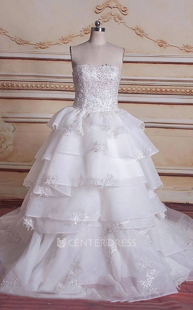 Modest Sparkly Sequins A-Line Ball Gown Wedding Dress Romantic Princess Sweetheart Tiers Ruffle Tulle Organza Appliques Bridal Gown