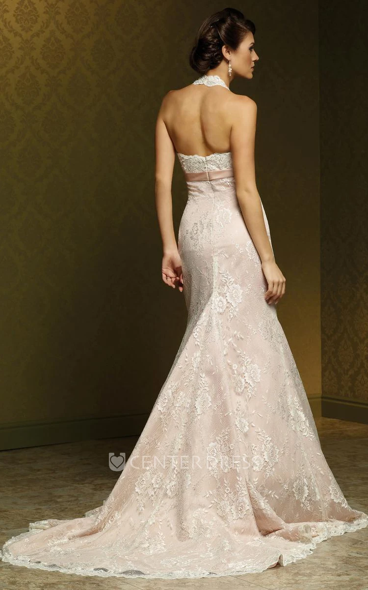 Sheath Appliqued Sleeveless Maxi V-Neck Lace Wedding Dress With Bow And Pleats