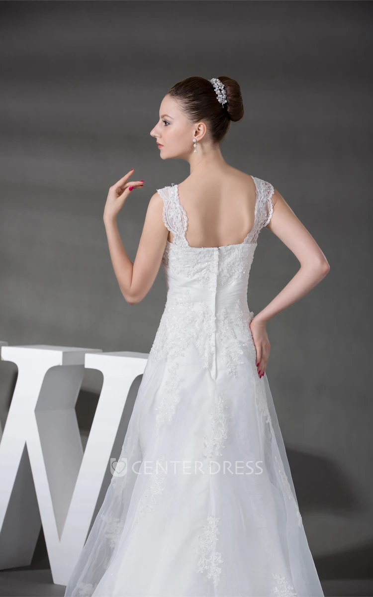 Strapped Sleeveless Lace A-Line Wedding Gown with Ruching and Beading