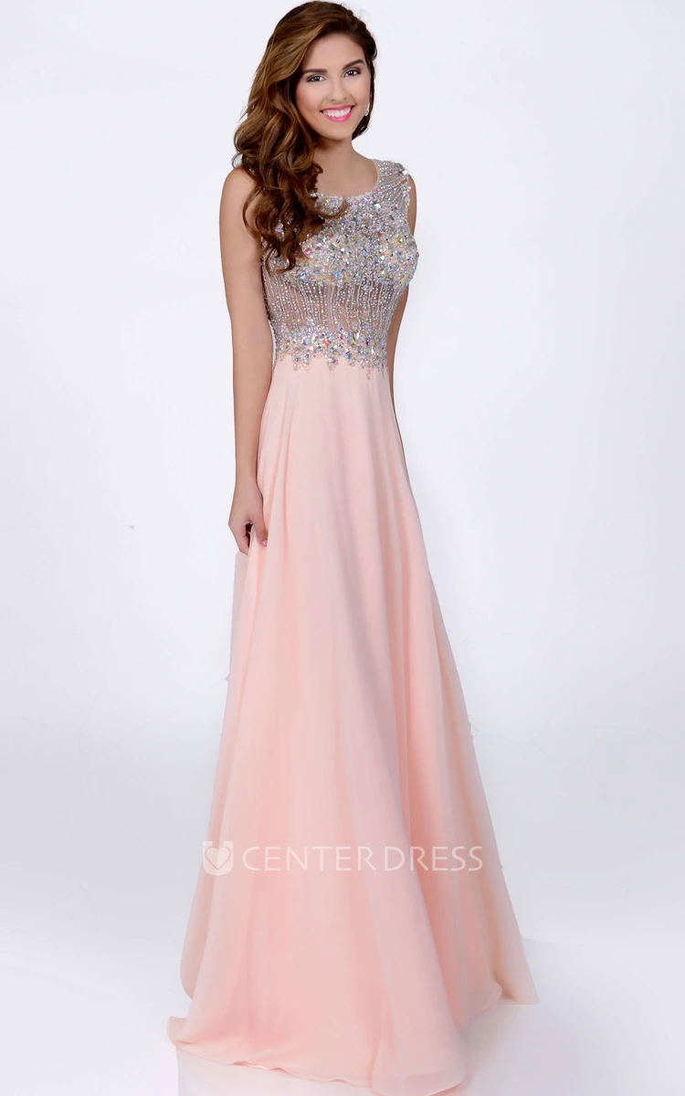 Sleeveless A-Line Bateau Neck Chiffon Prom Dress Featuring Keyhole Back And Rhinestone Bodice