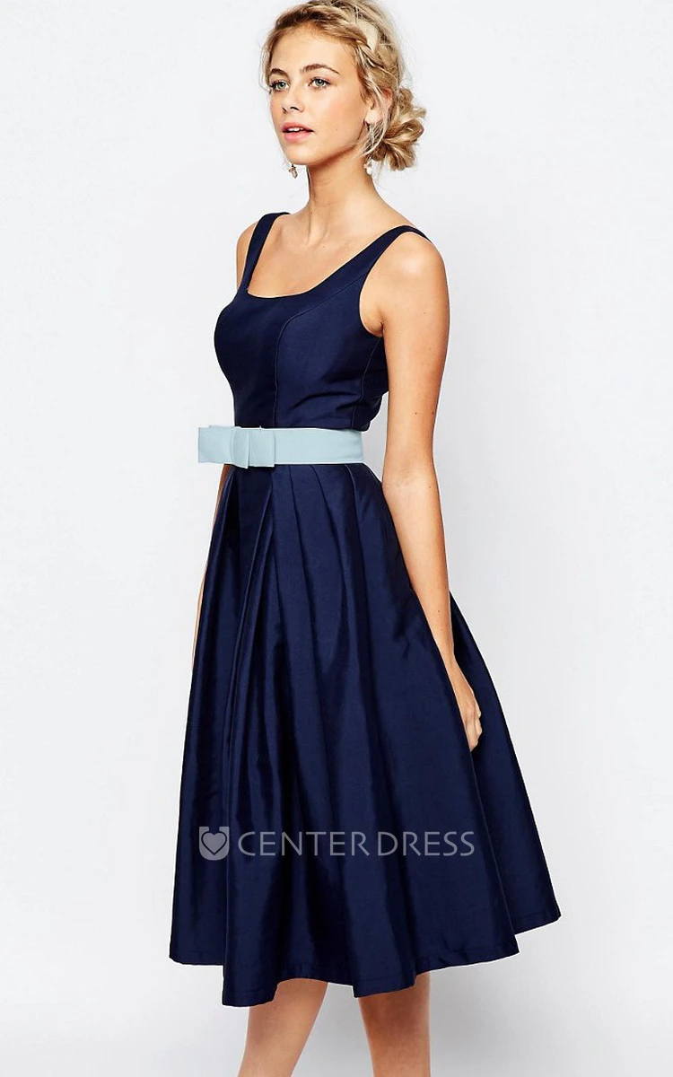 A Line Pleated Short Mini Strapped Sleeveless Satin Bridesmaid Dress With Bow