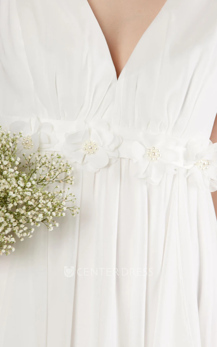 V-Neck Ankle-Length Sleeveless Chiffon Wedding Dress With Draping