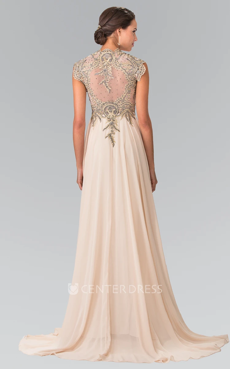 A-Line Queen Anne Sleeveless Chiffon Illusion Dress With Beading And Pleats