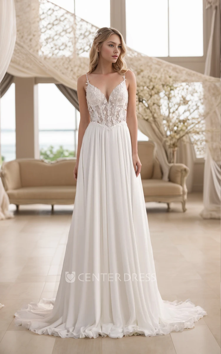 Sexy Beach Spaghetti Floor-length A-Line V-neck Lace Appliques Chiffon Wedding Dress Elegant Ethereal Sleeveless with Train Backless Zipper Bridal Gown