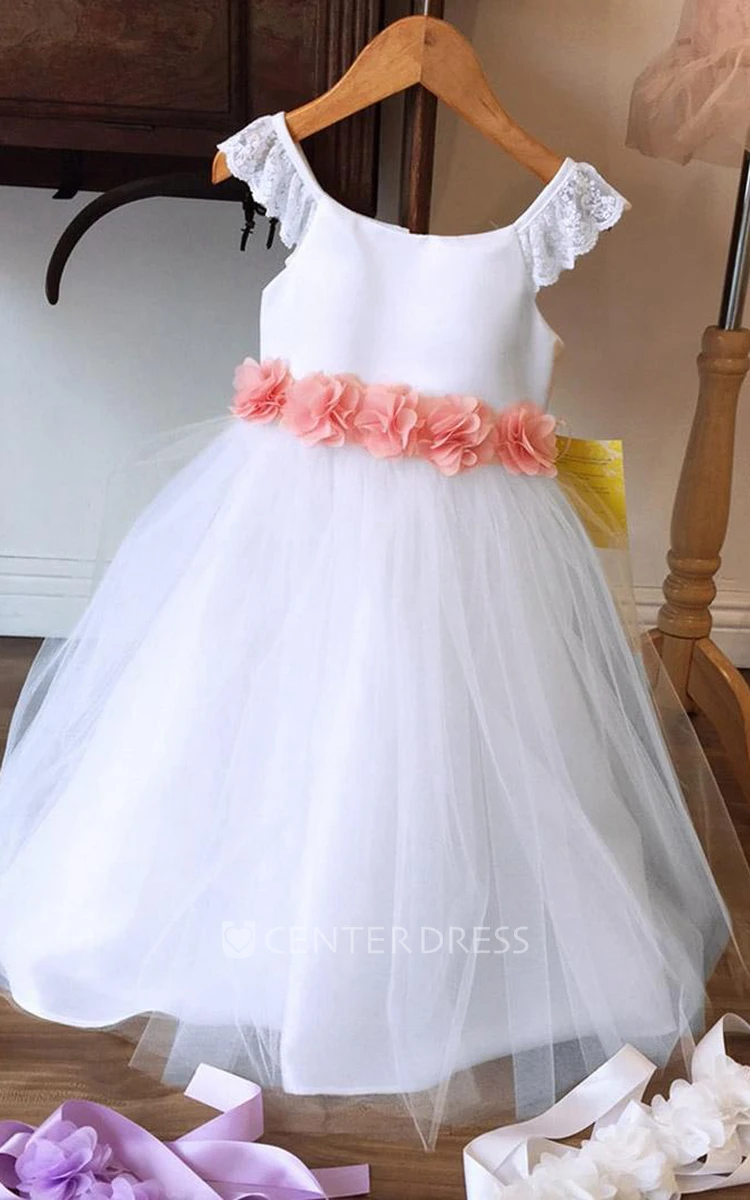 Tea-Length Floral Tiered Chiffon&Tulle Flower Girl Dress