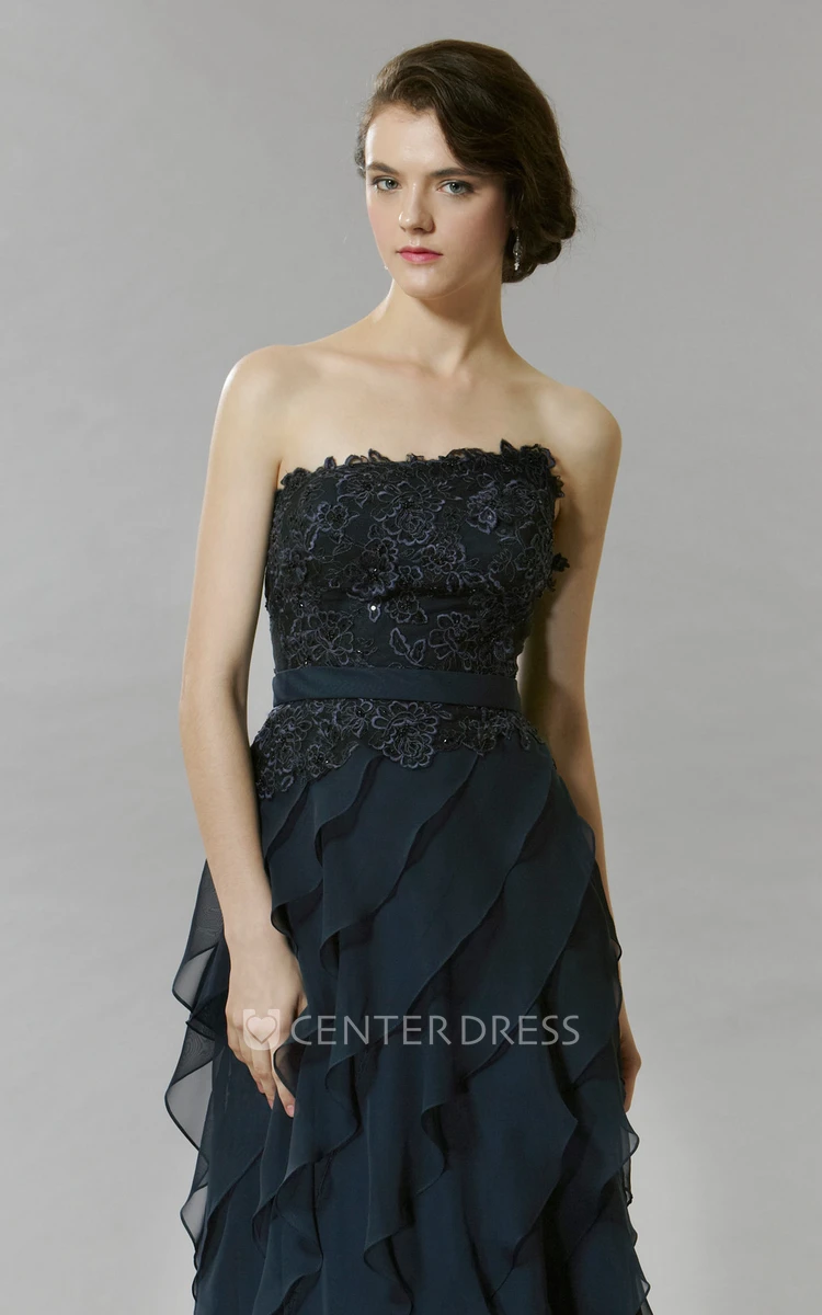 A-Line Strapless Floor-Length Sleeveless Lace Chiffon Prom Dress With Backless Style And Tiers