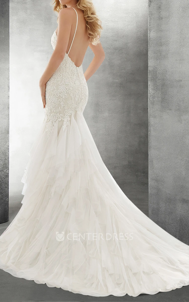 Sexy Spaghetti Lace And Tulle Mermaid Wedding Dress With Open Back