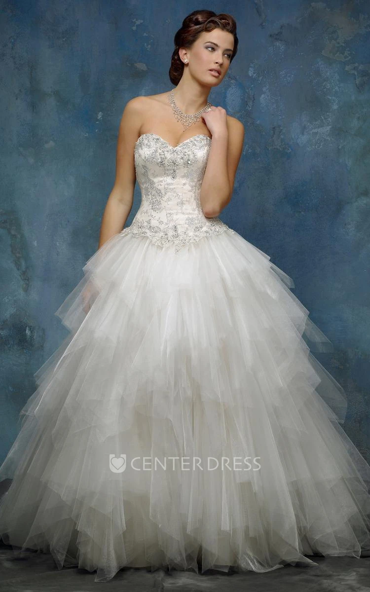 A-Line Ball-Gown Sweetheart Floor-Length Sleeveless Cascading-Ruffle Tulle Wedding Dress With Beading And Lace-Up Back
