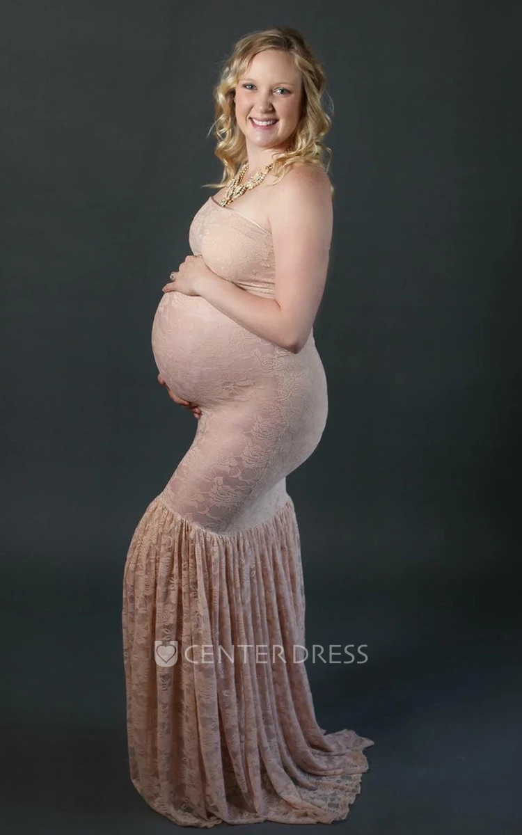 Mermaid Lace Strapless Sleeveless Pleated Maternity Dress
