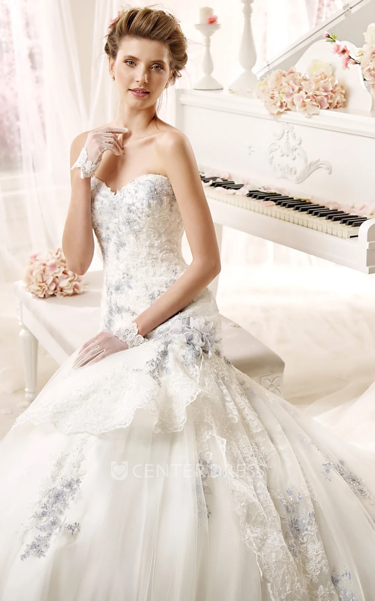 Special Sweetheart Beaded Wedding Dress with Flowers and Asymmetrical Overlayer