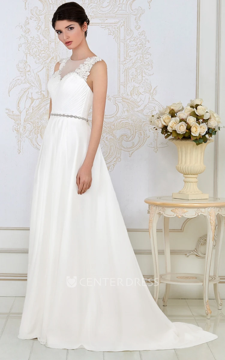 Sheath High-Neck Floor-Length Ruched Tulle&Satin Wedding Dress With Waist Jewellery And Appliques
