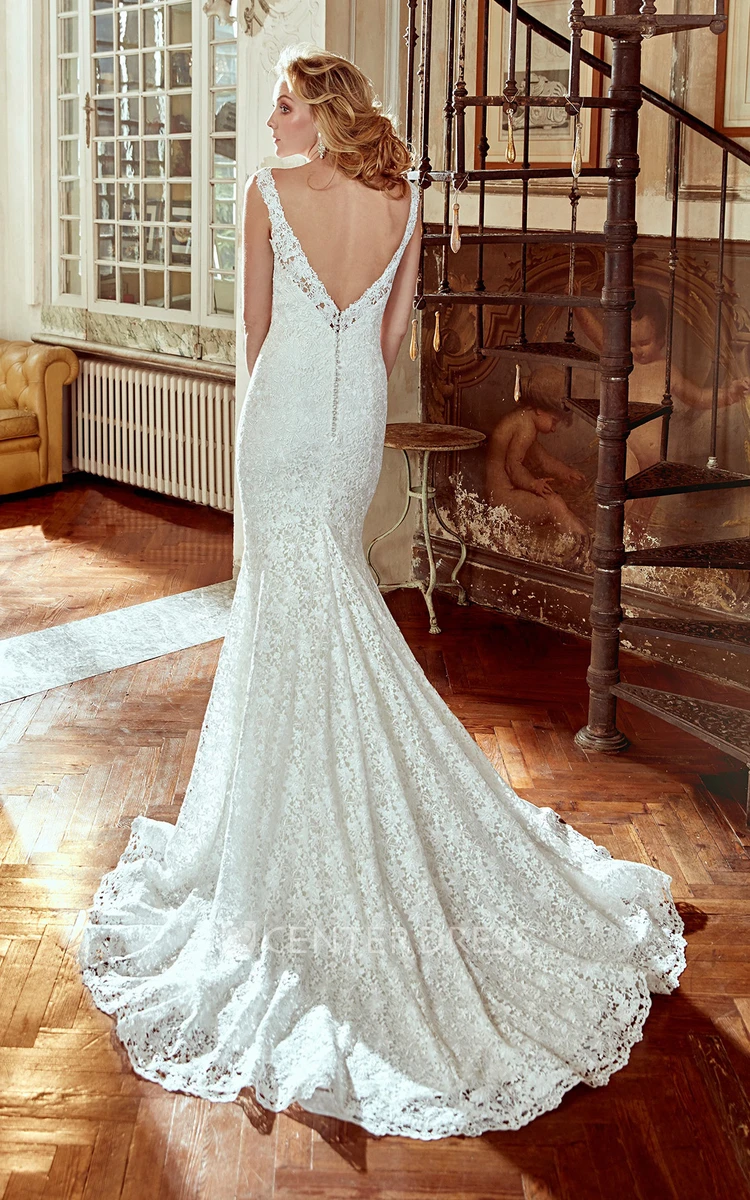 V-Neck Lace Wedding Dress With Brush Train and Open Back