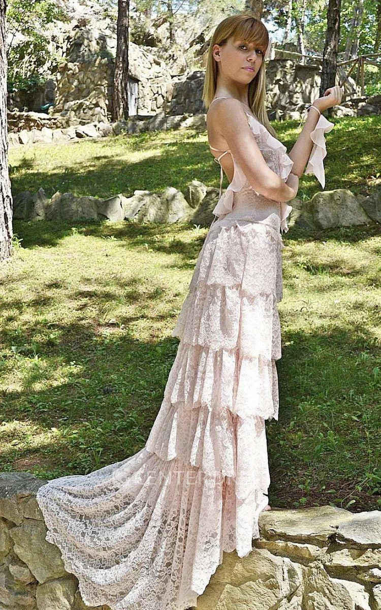 Spaghetti Tired Lace Vintage Wedding Dress With Sweep Train