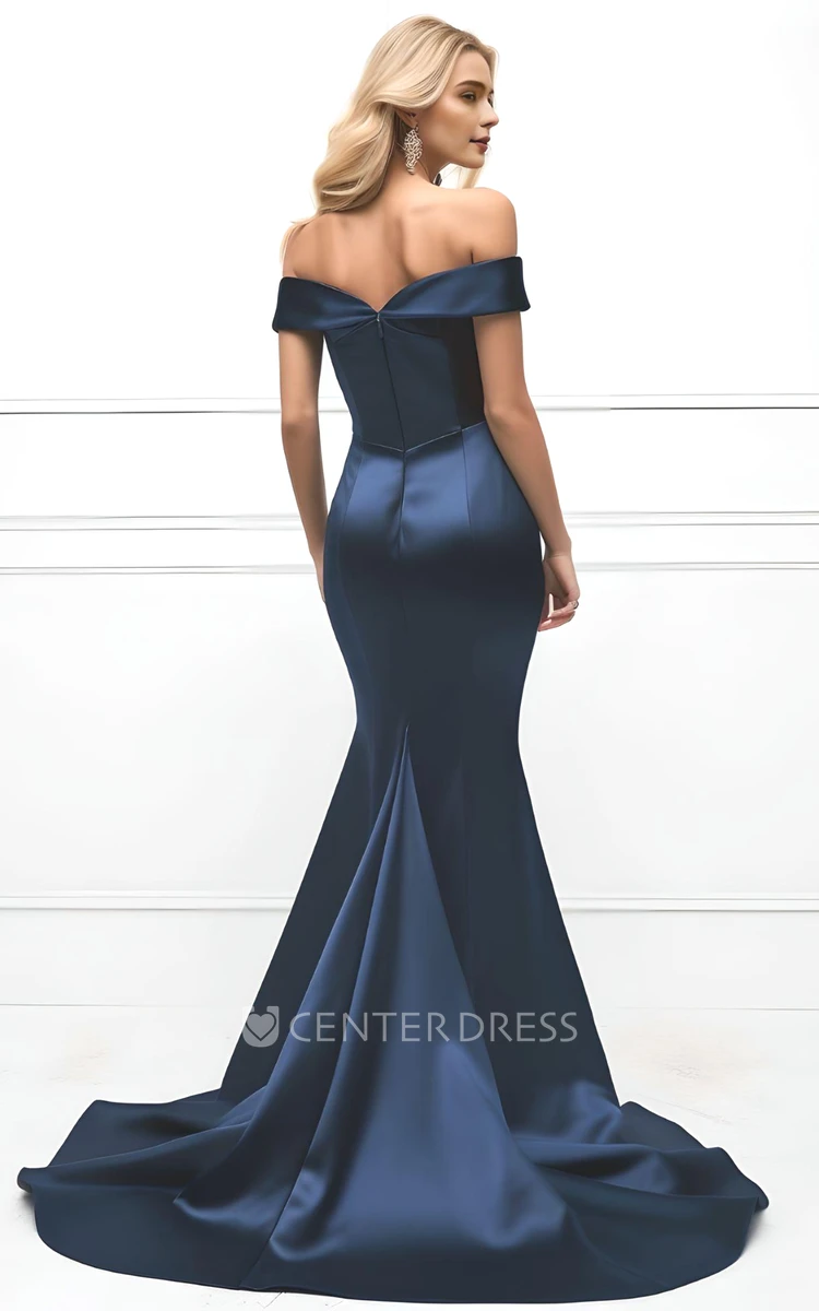 Satin Off-Shoulder Mermaid Prom Dress with Sweep Train Sexy Modern Floor-length