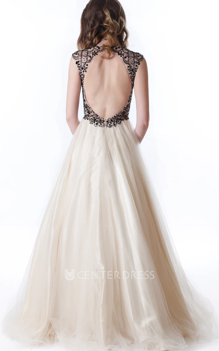 A-Line Maxi Beaded Jewel-Neck Cap-Sleeve Tulle Prom Dress With Pleats