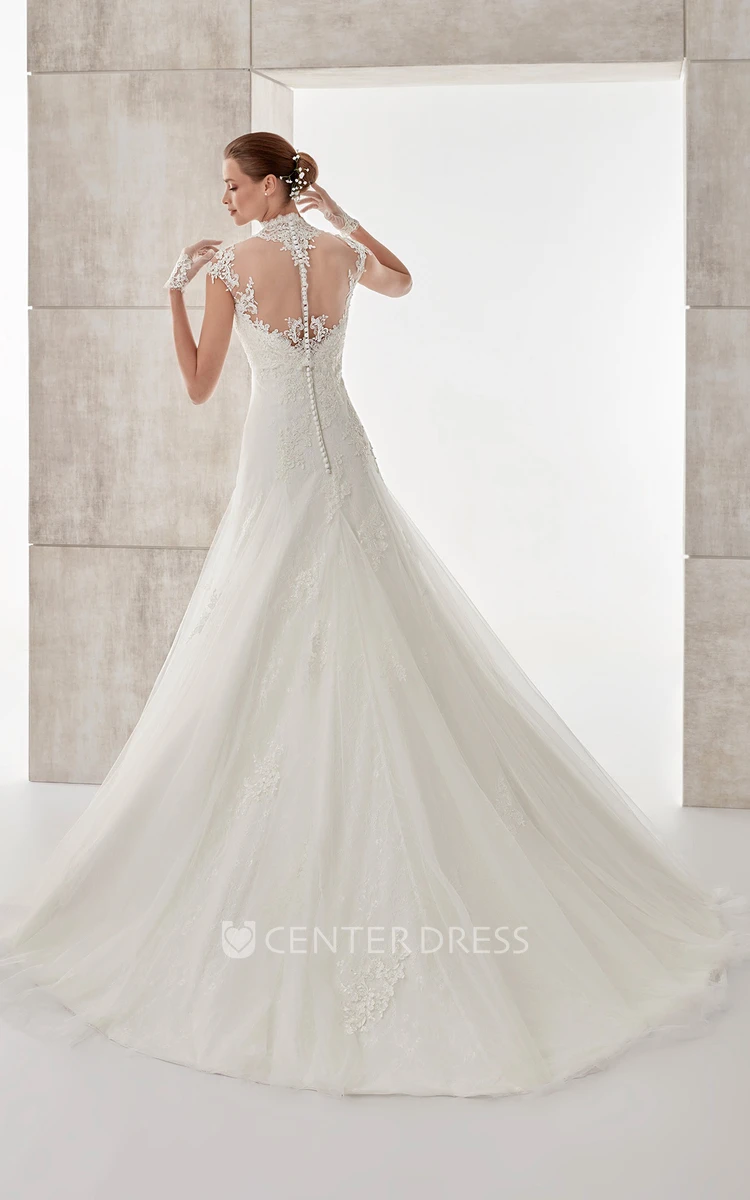 High-neck Cap-sleeve Wedding Dress with Lace Appliques and Illusive Design