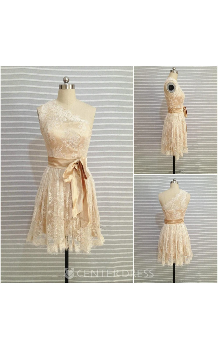 Lace Short One-shoulder Dress With Satin Ribbon