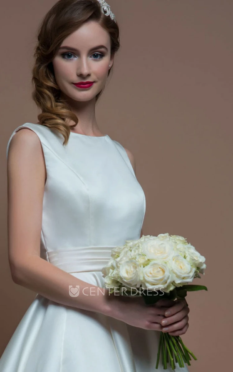 A-Line Jewel-Neck Sleeveless Tea-Length Satin Wedding Dress With V Back