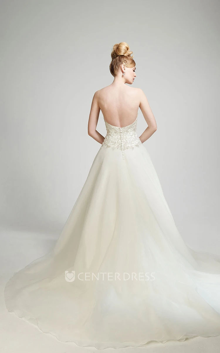 A-Line Maxi Beaded Sweetheart Sleeveless Wedding Dress With Chapel Train And Backless Style