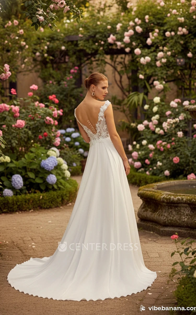 Romantic Lace A-Line Wedding Dress Casual Sleeveless V-Neck Illusion Bridal Gown