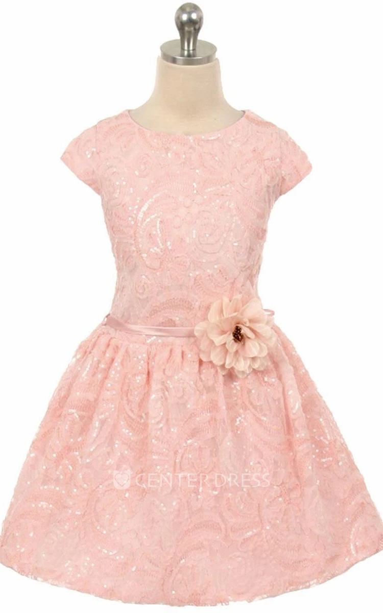 Tea-Length Tiered Pleated Tulle&Sequins Flower Girl Dress