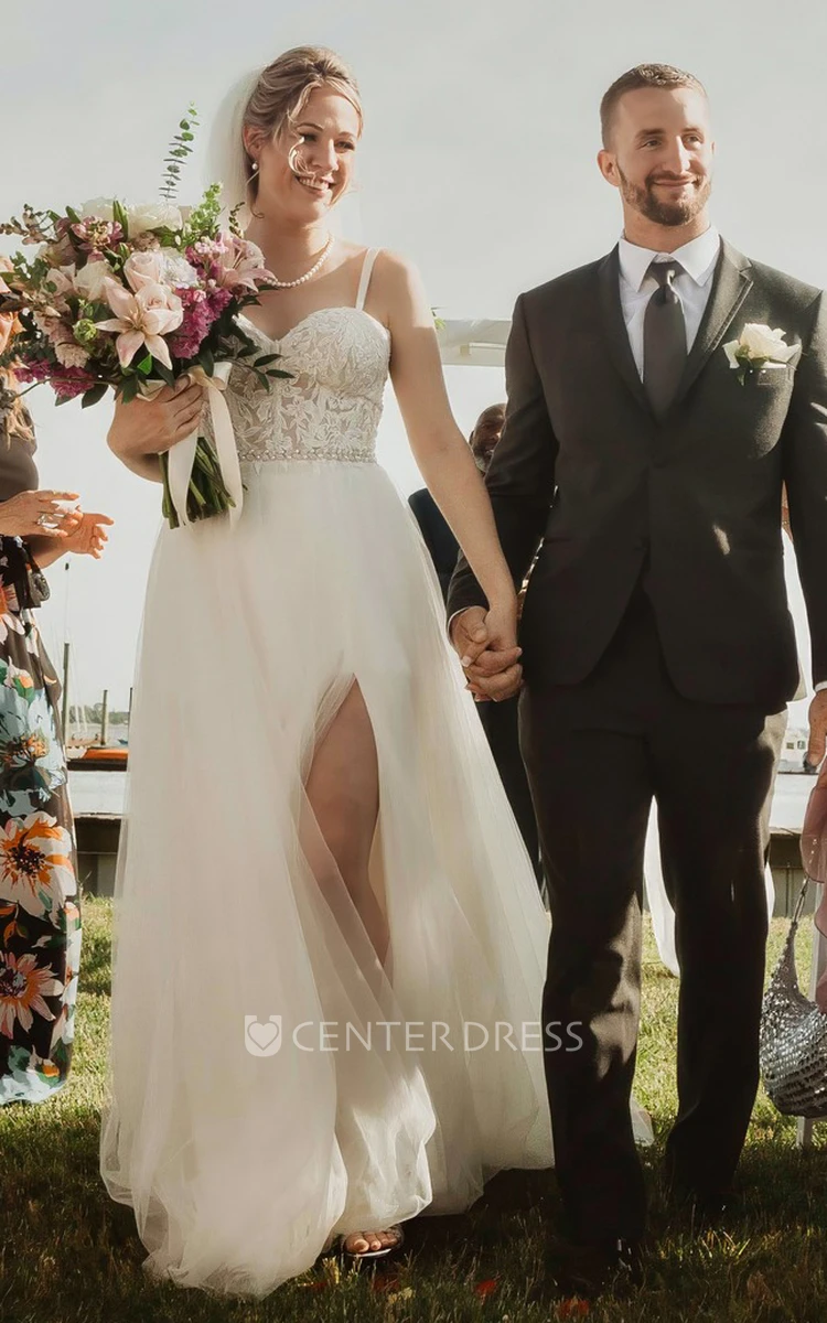 Elegant Spaghetti Open Back Straps Floor-length Sleeveless Garden Wedding Dress