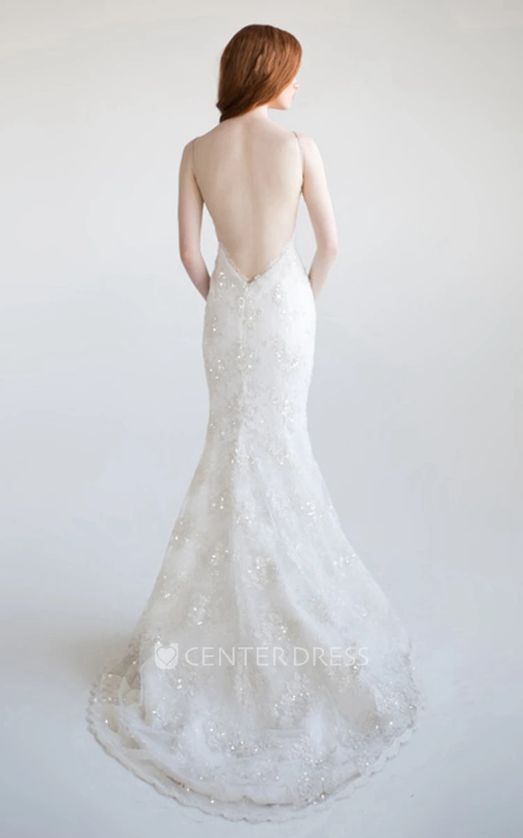 Trumpet Sleeveless Long Spaghetti Beaded Lace Wedding Dress With Appliques
