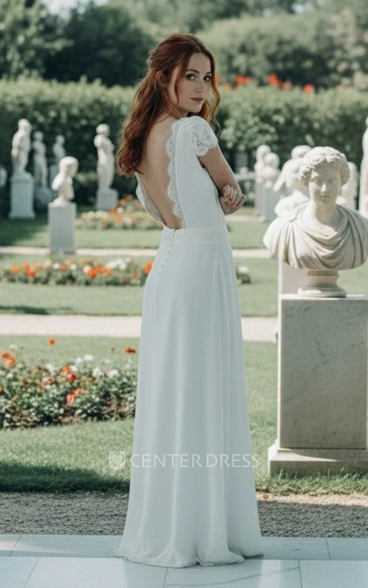 Cap Sleeves A-Line Wedding Dress Casual Boho Lace Bridal Gown with Open Back