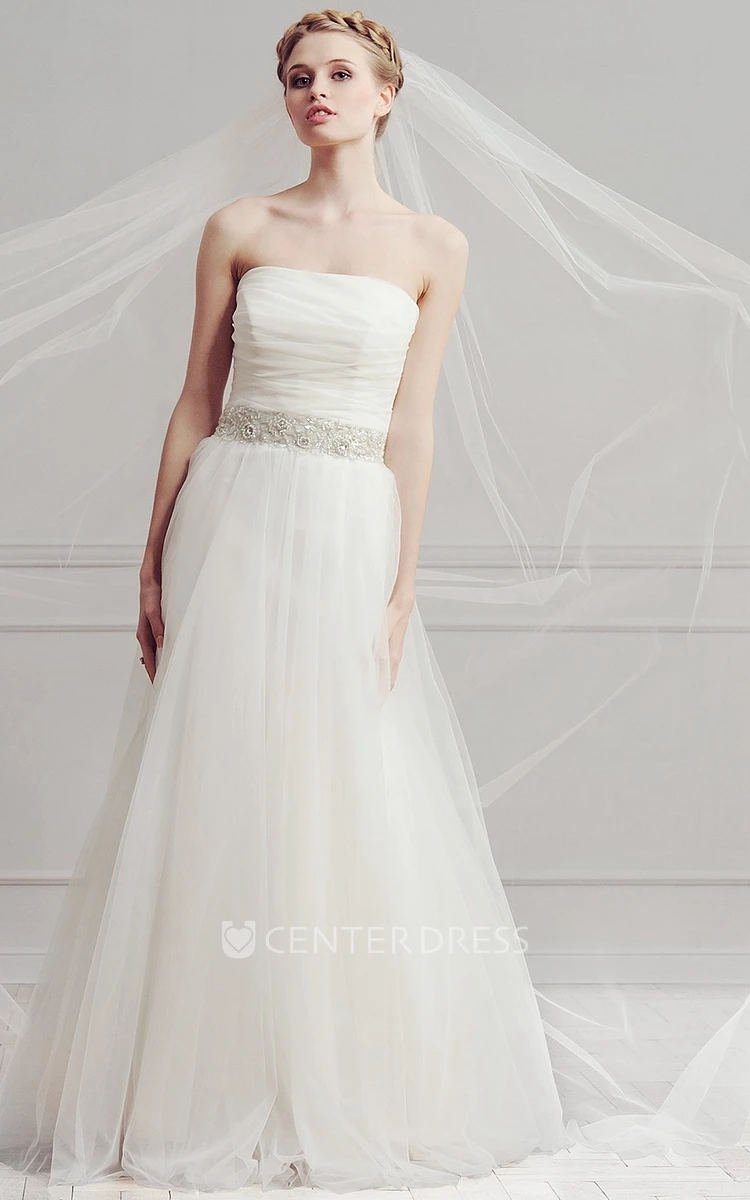A-Line Long Sleeveless Strapless Ruched Tulle Wedding Dress With Waist Jewellery