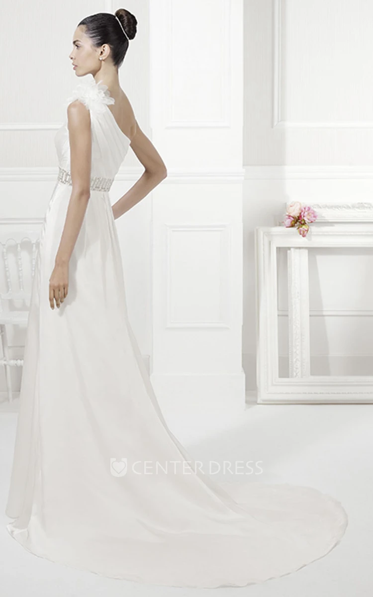 Organza Flower Single Strap Sheath Bridal Gown With Beaded Sash