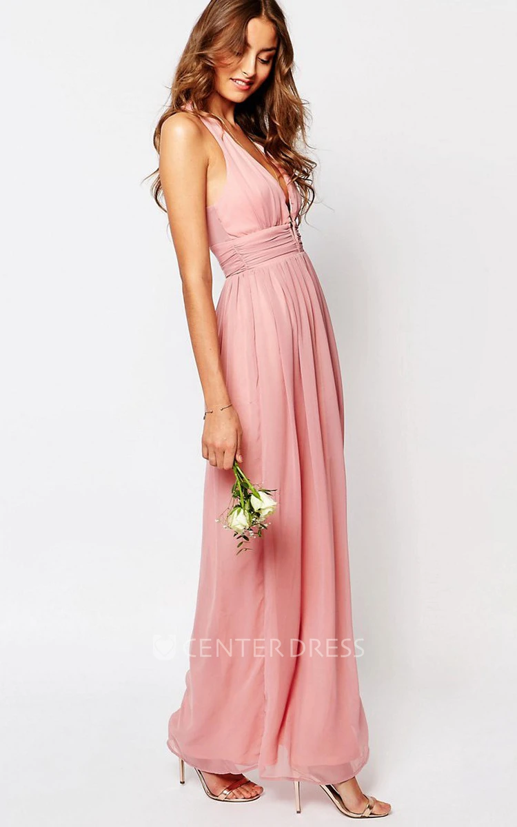 Ankle-Length Sleeveless V-Neck Pleated Chiffon Bridesmaid Dress With Straps