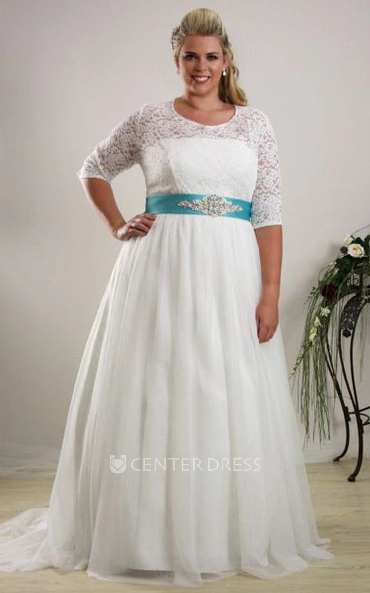 A-Line Floor-Length Scoop-Neck Half-Sleeve Lace Plus Size Wedding Dress With Waist Jewellery