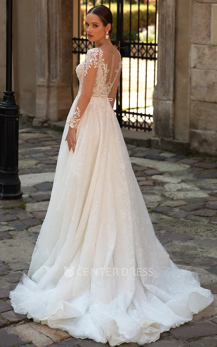 Casual Plunging Neckline A Line Tulle Wedding Dress with Split Front and Beading