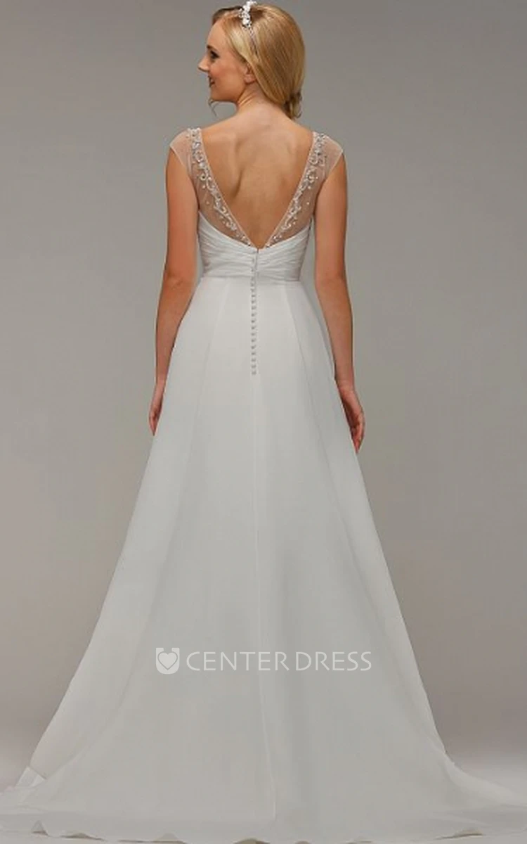 Maxi Scoop Criss-Cross Tulle Wedding Dress With Sweep Train And V Back