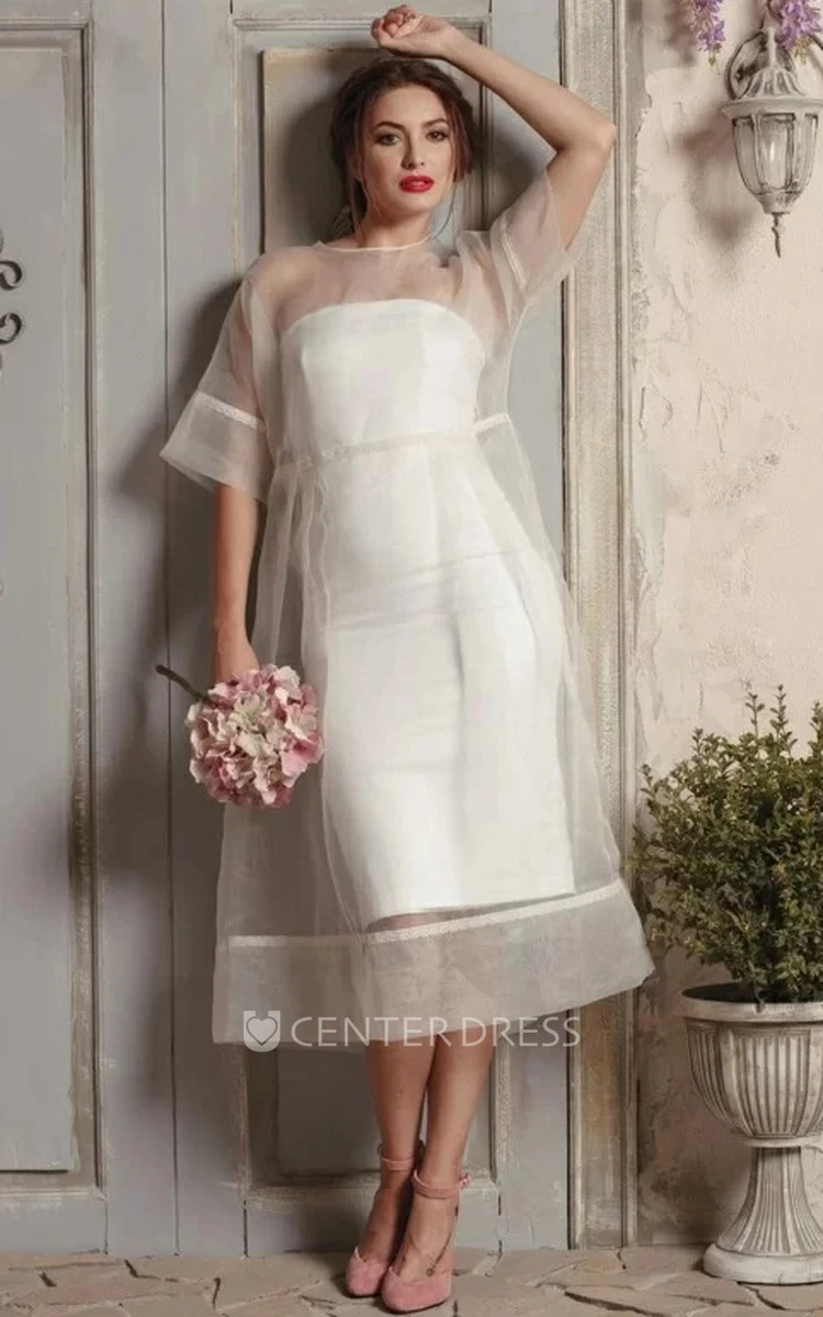 Modern Jewel A Line Organza Half Sleeve Tea-length Wedding Dress