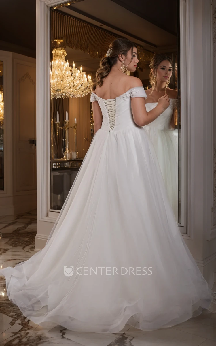 Simple Ethereal Plus Size A-Line Mature Wedding Dress Modern Flowy Off-the-Shoulder Ruffle Beading Ruching Bridal Gown