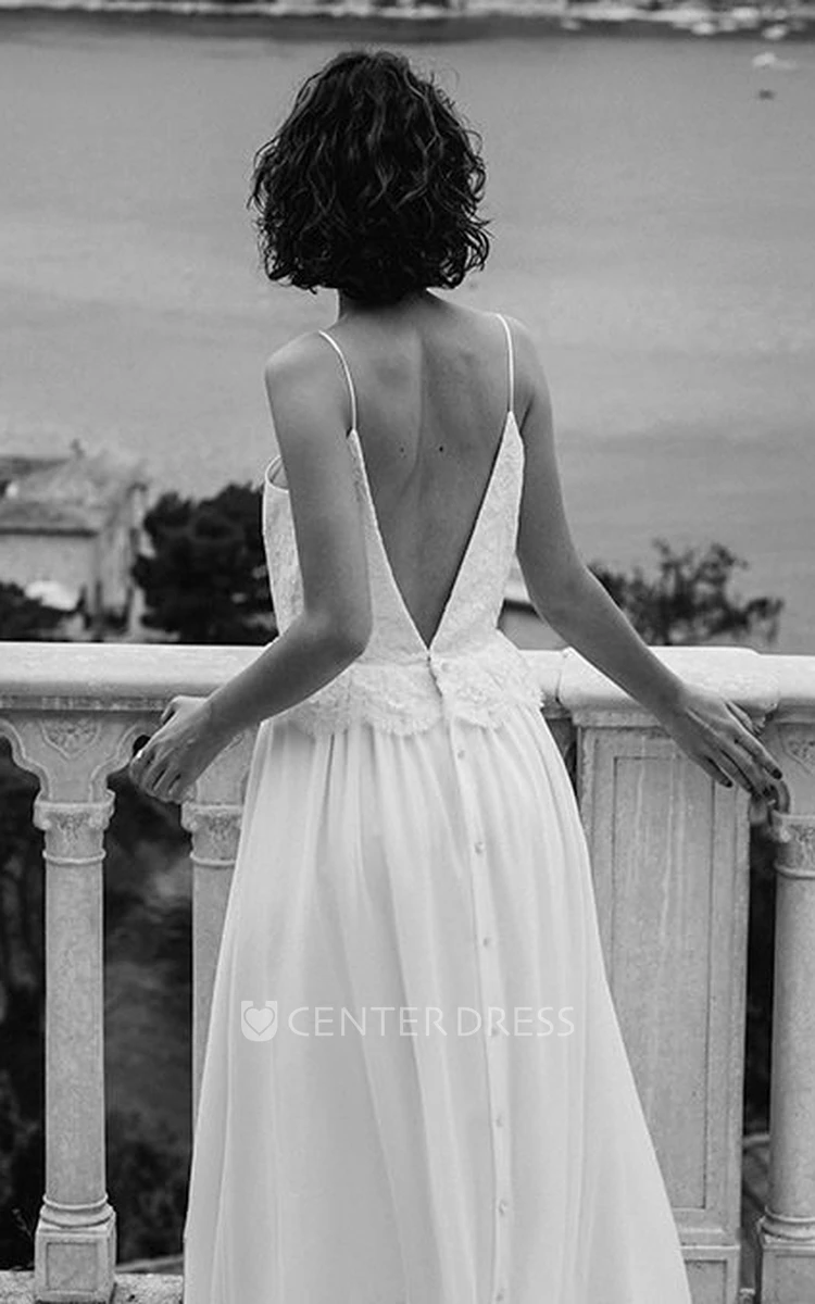 Ethereal Chiffon and Lace Spaghetti Deep-V Back Bridal Gown