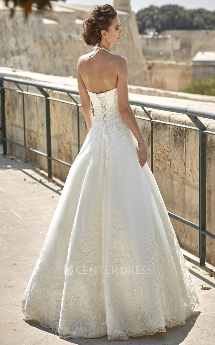 A-Line Appliqued Sweetheart Floor-Length Lace Wedding Dress With Beading